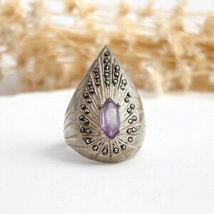Art Deco Marcasite & Amethyst Gemstone Vintage Sterling Silver Ring - sz 6.25